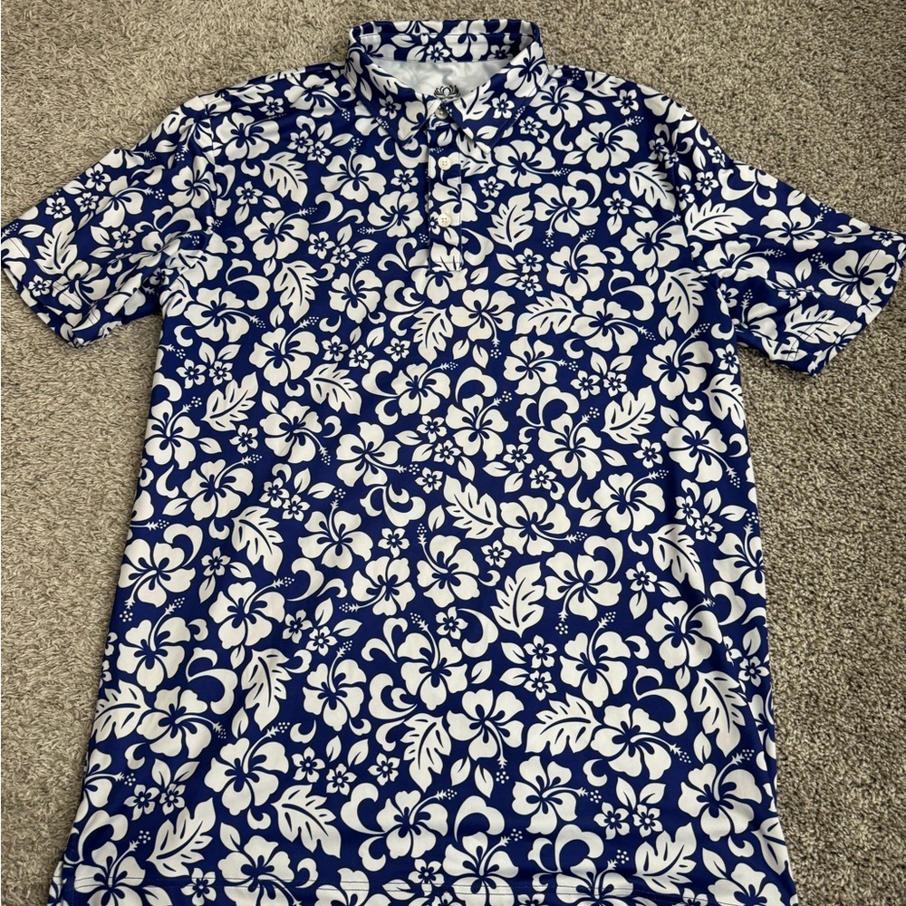 Kaipar Floral Blue and White Men's golf Polo- size large